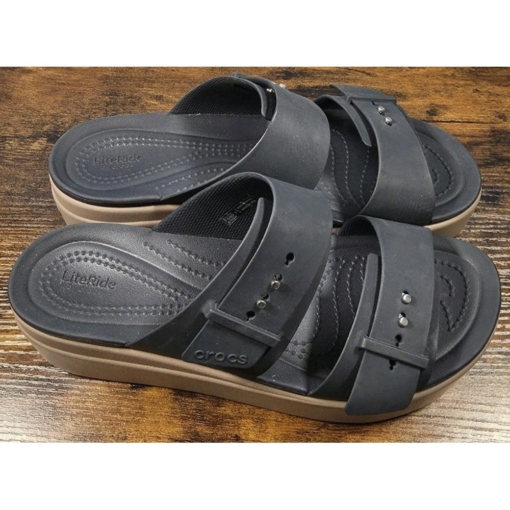Crocs Womens Brooklyn Buckle Navy Lite Ride Wedge Slide Sandals Size 9 Dbl Strap - Picture 5 of 13